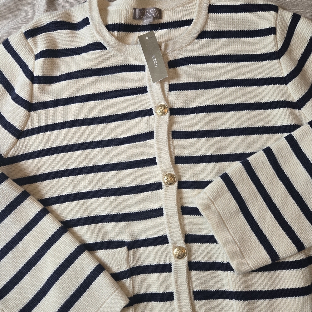 J. Crew Blue and White Cardigan Sweater Nautical Stripes